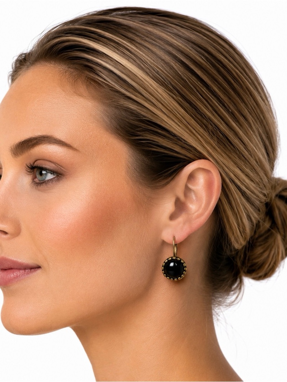 Classic Black Cabochon Drop Earrings with bronze setting